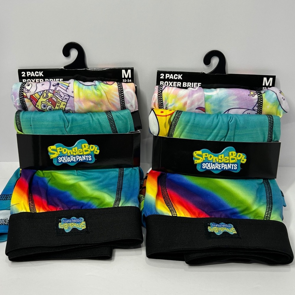 SpongeBob SquarePants Mens 2 Pack Boxer Briefs Rainbow Tie Dye Medium 32-34 NEW